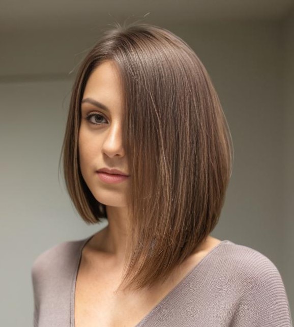 Long Asymmetrical Bob on Straight Brown Hair