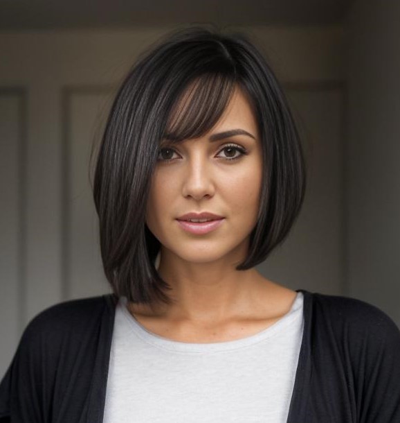 Dramatic Asymmetrical Bob on Thick Dark Hair