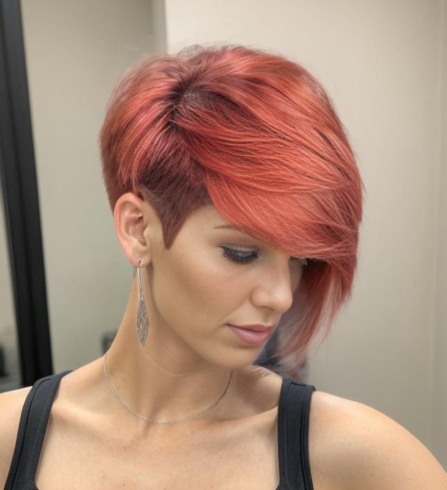 Red Pixie with Long Side Bang and Shaved Side