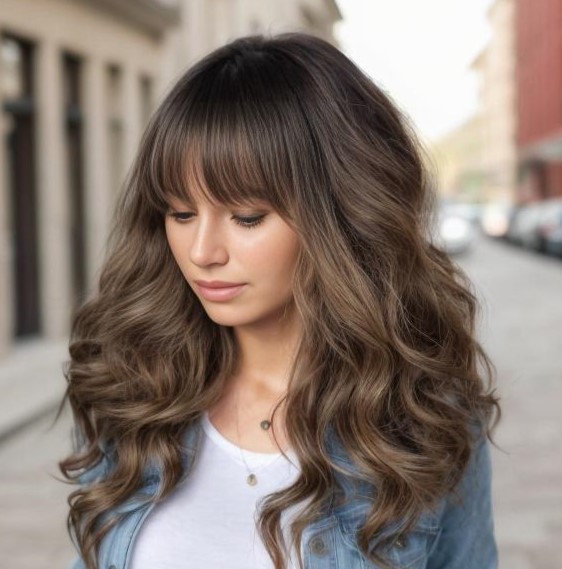 Wavy Hairstyle With A Fringe For Long Hair