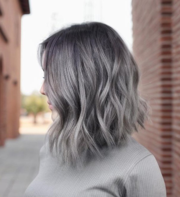 Gray Wavy Lob With A Purple Tint