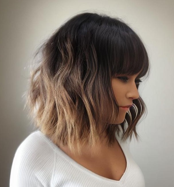 Black To Blonde Choppy Ombre Lob With Bangs