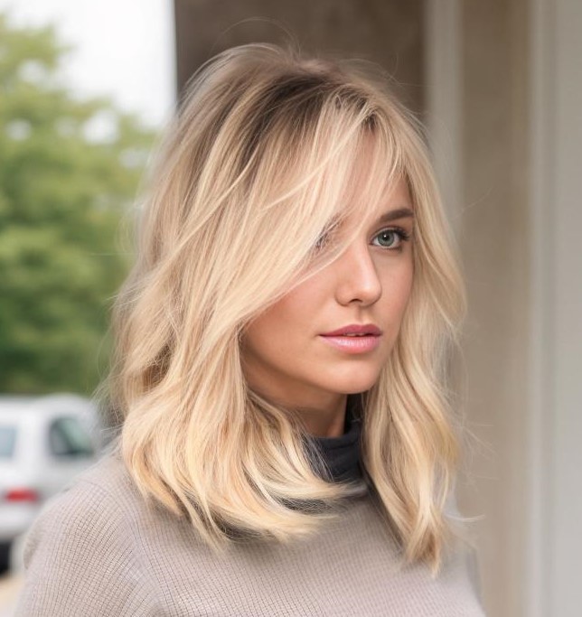 Blonde Disheveled Hairstyle With Long Bangs