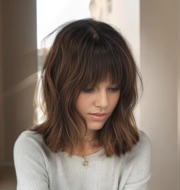 Razored Brunette Lob With Bangs