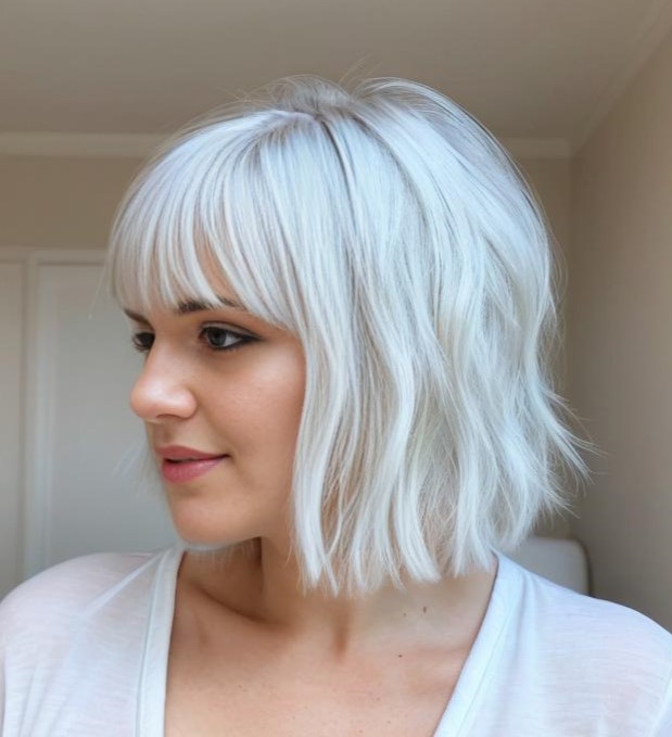 White Razor Cut Bob With Bangs