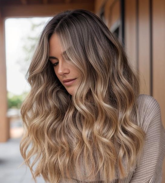 Dark Blonde Balayage on Wavy Long Hair