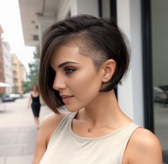 Undercut Asymmetrical Bob on Black Wavy Hair