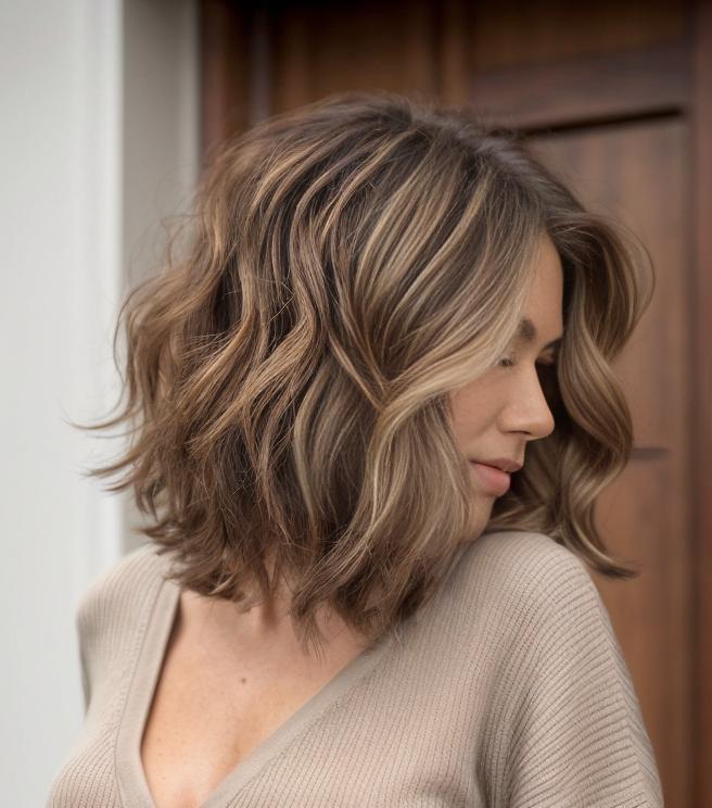 Wavy Brown Lob With Caramel Highlights