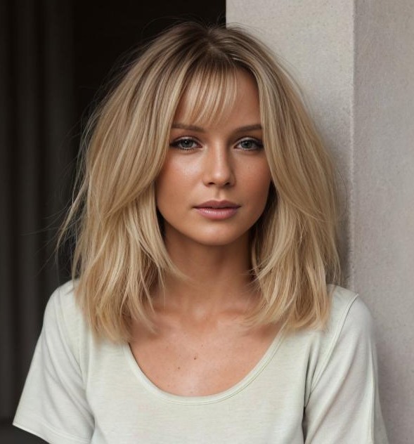 Beige Blonde Lob With Full Bangs