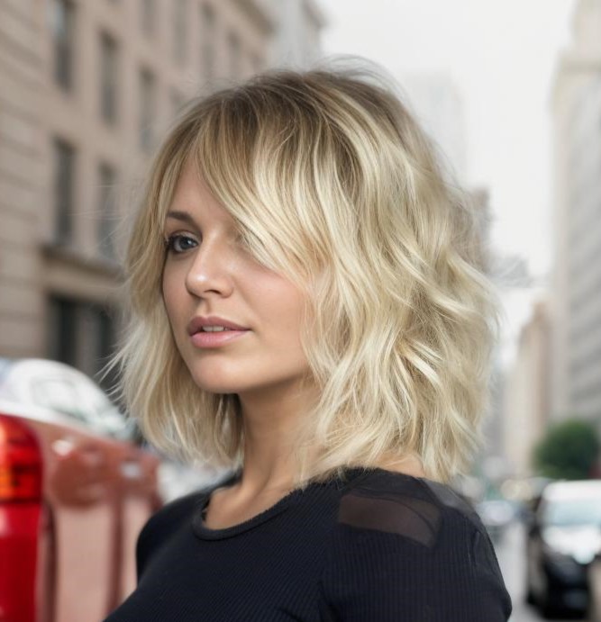 Choppy Blonde Lob With Bangs