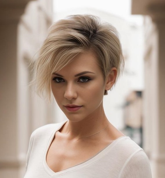 Asymmetrical Pixie Bob on Blonde Hair with Dark Roots