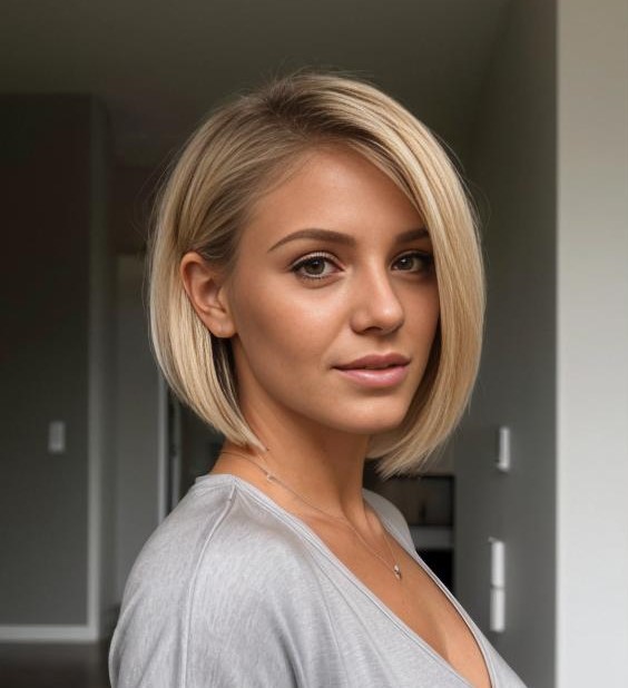 Asymmetrical A-Line Bob on Straight Blonde Hair