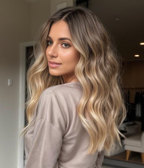 Golden Blonde Ombre on Long Wavy Hair