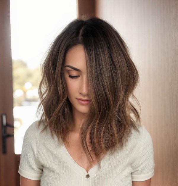 Wavy Chestnut Brown Lob With Side Part