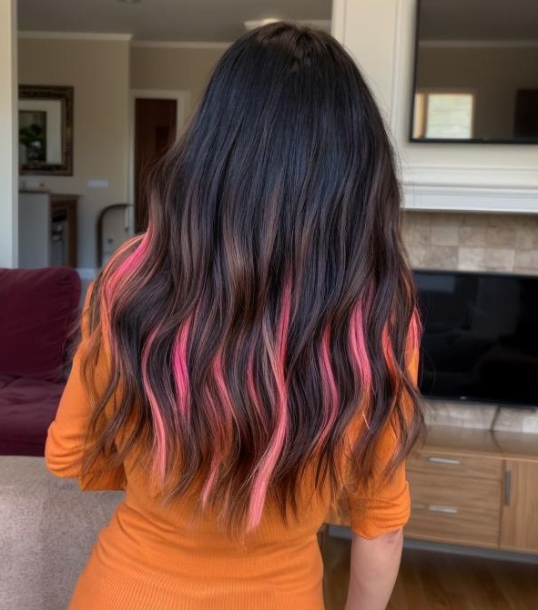 4-orange-and-pink-highlights-on-long-black-hair