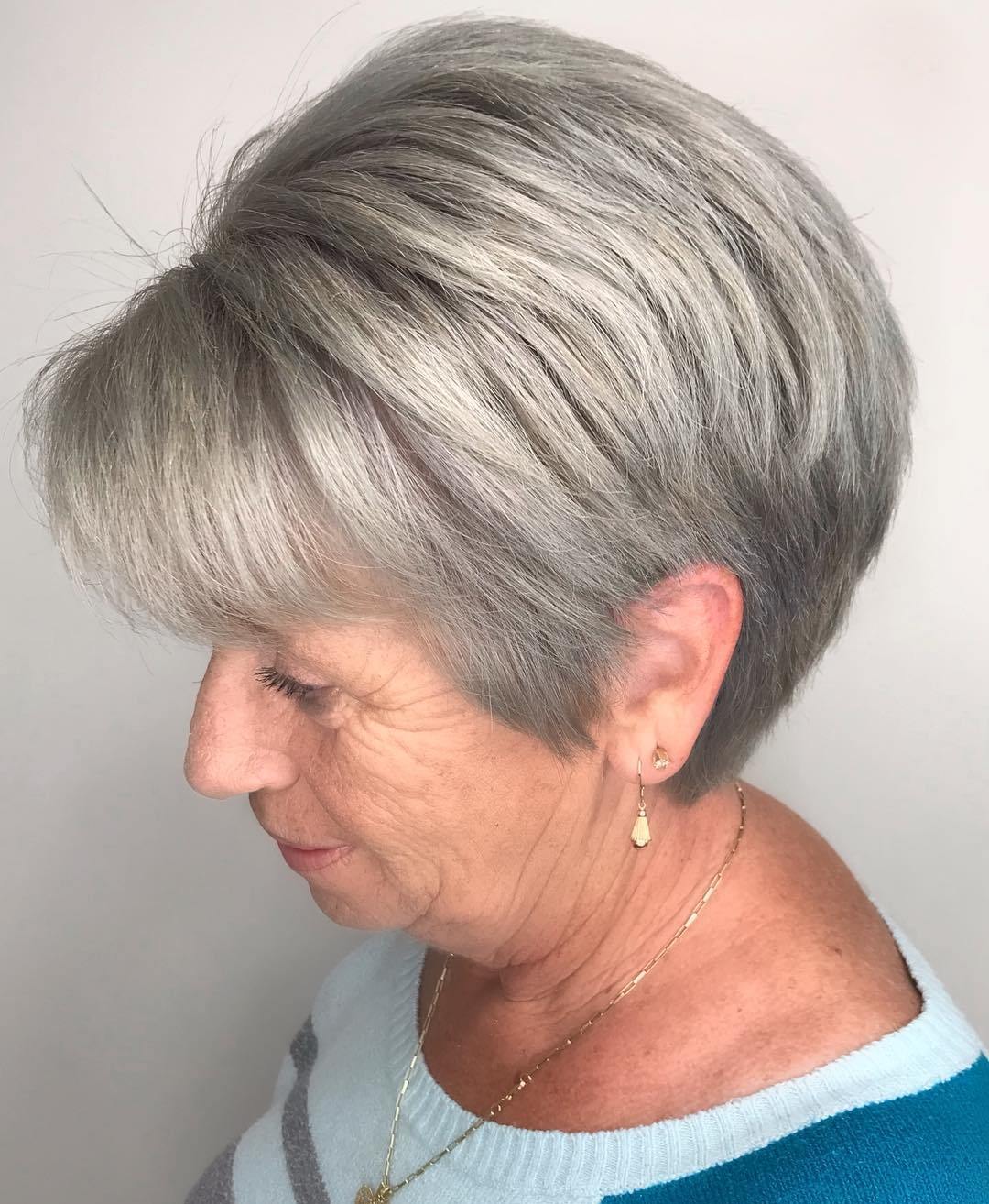 Silver Fox Pixie With A Side-Swept Fringe