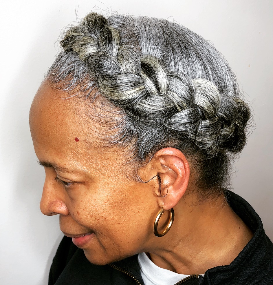 Crown Braid Updo For Gray Hair