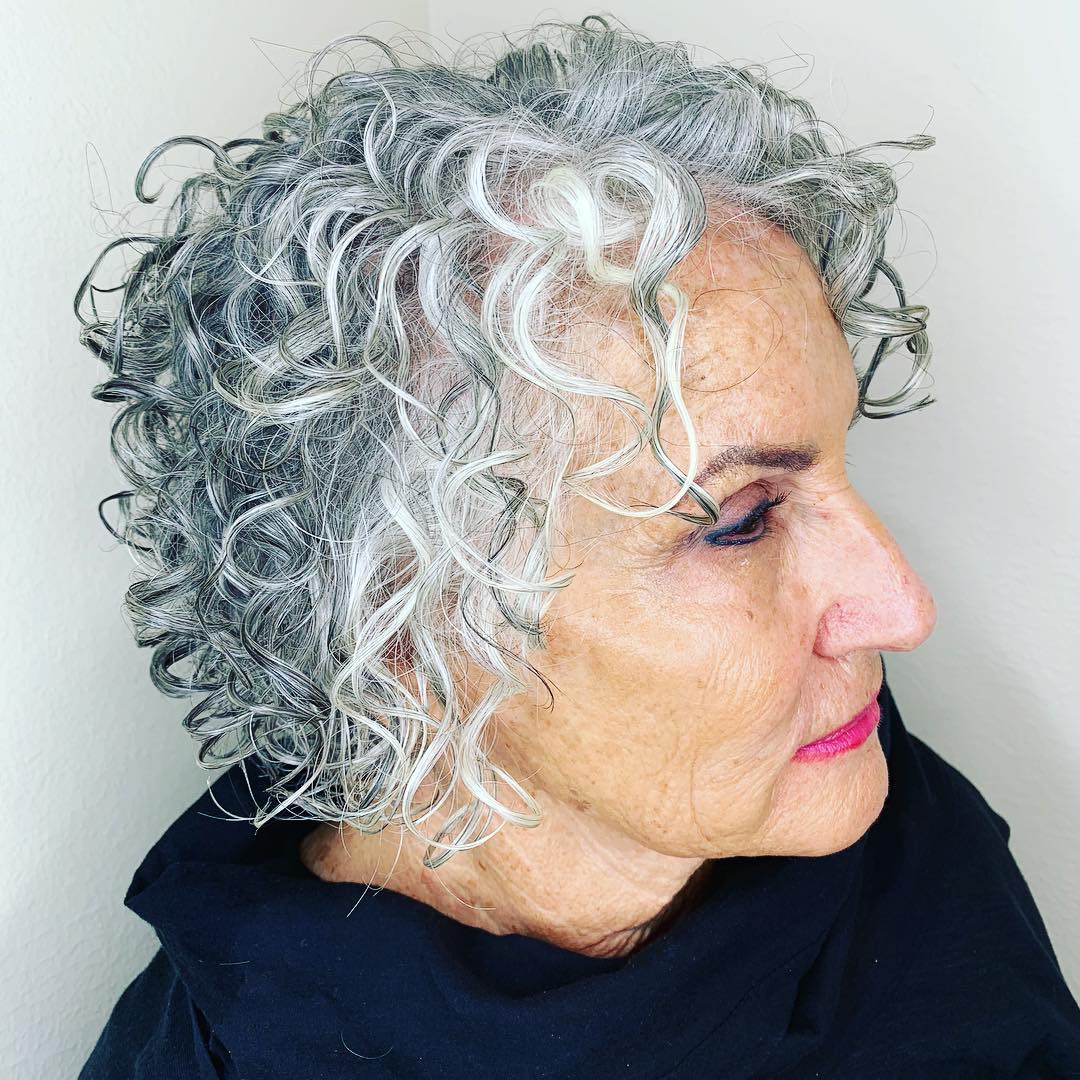 Short Curly Gray Hairstyle With White Pieces