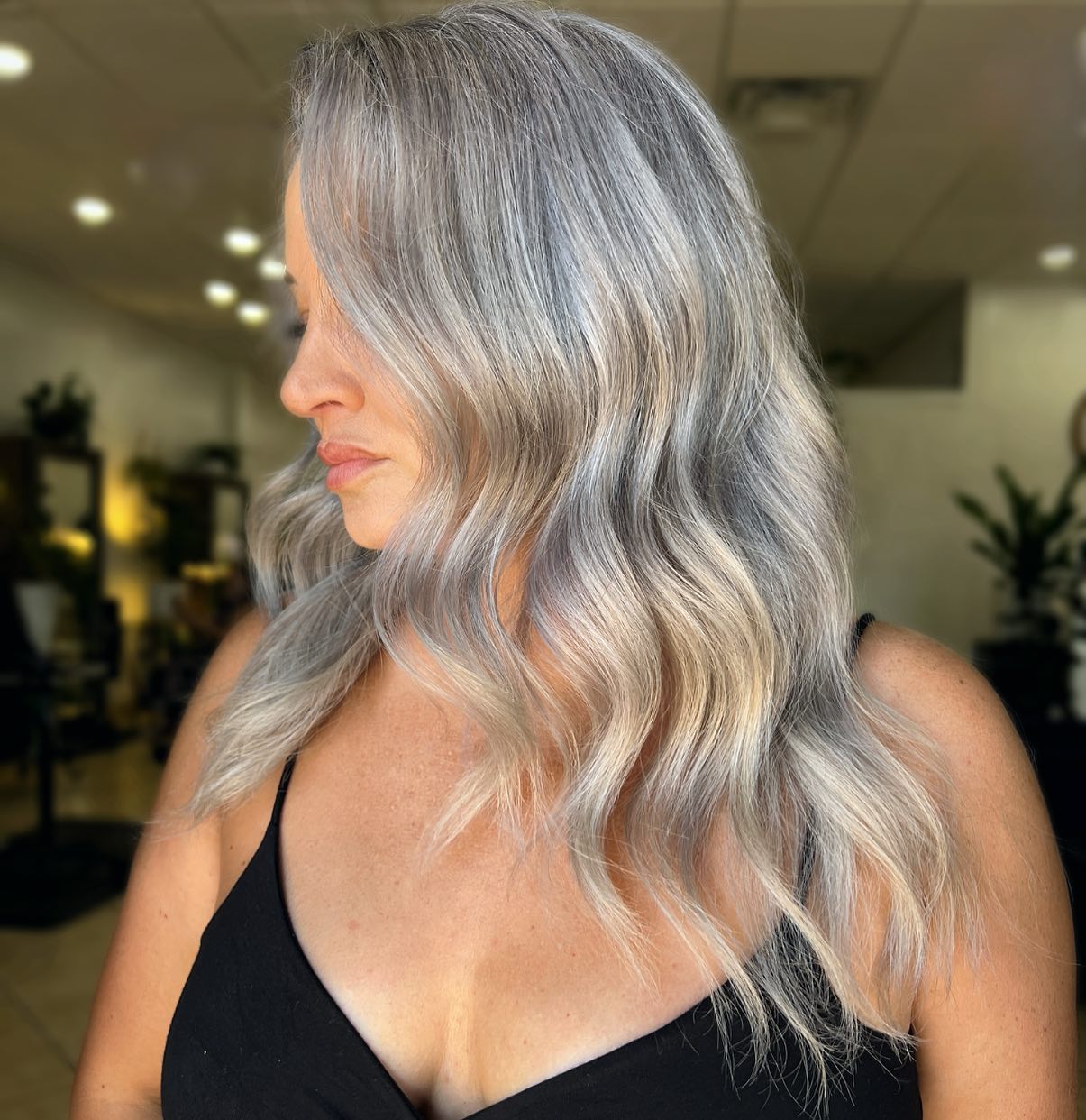 Gray Blending of Lowlights and Highlights on Medium-Length Hair