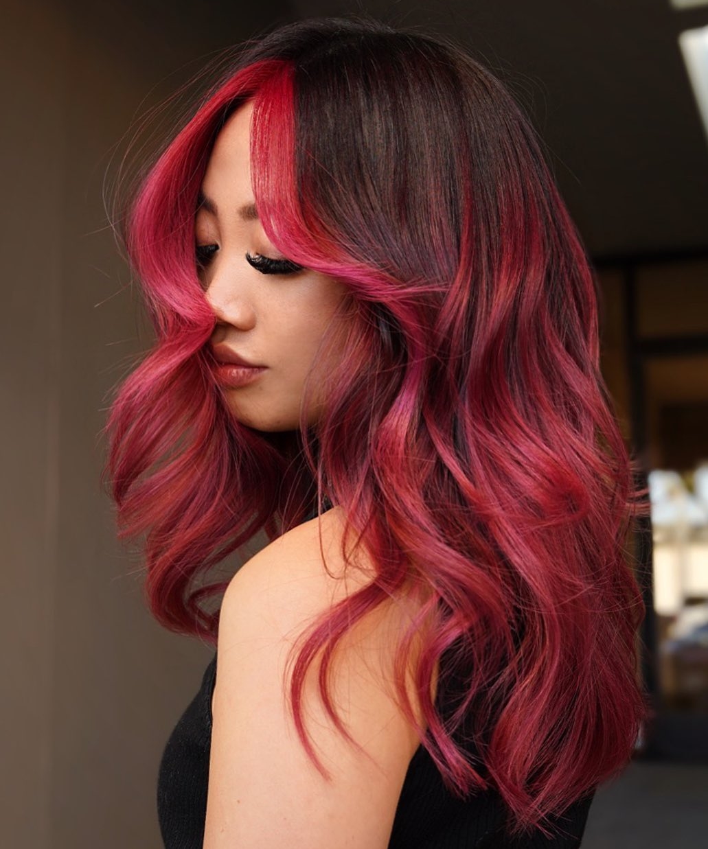 Pink Money Piece Highlights on Burgundy Hair