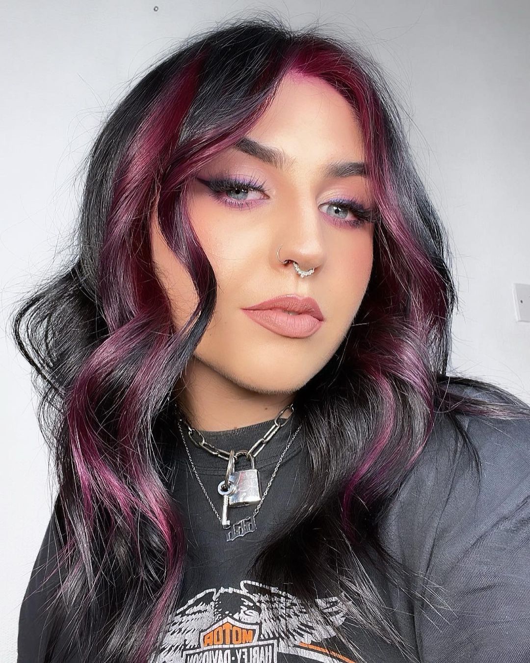 Maroon Highlights on Long Black Hair