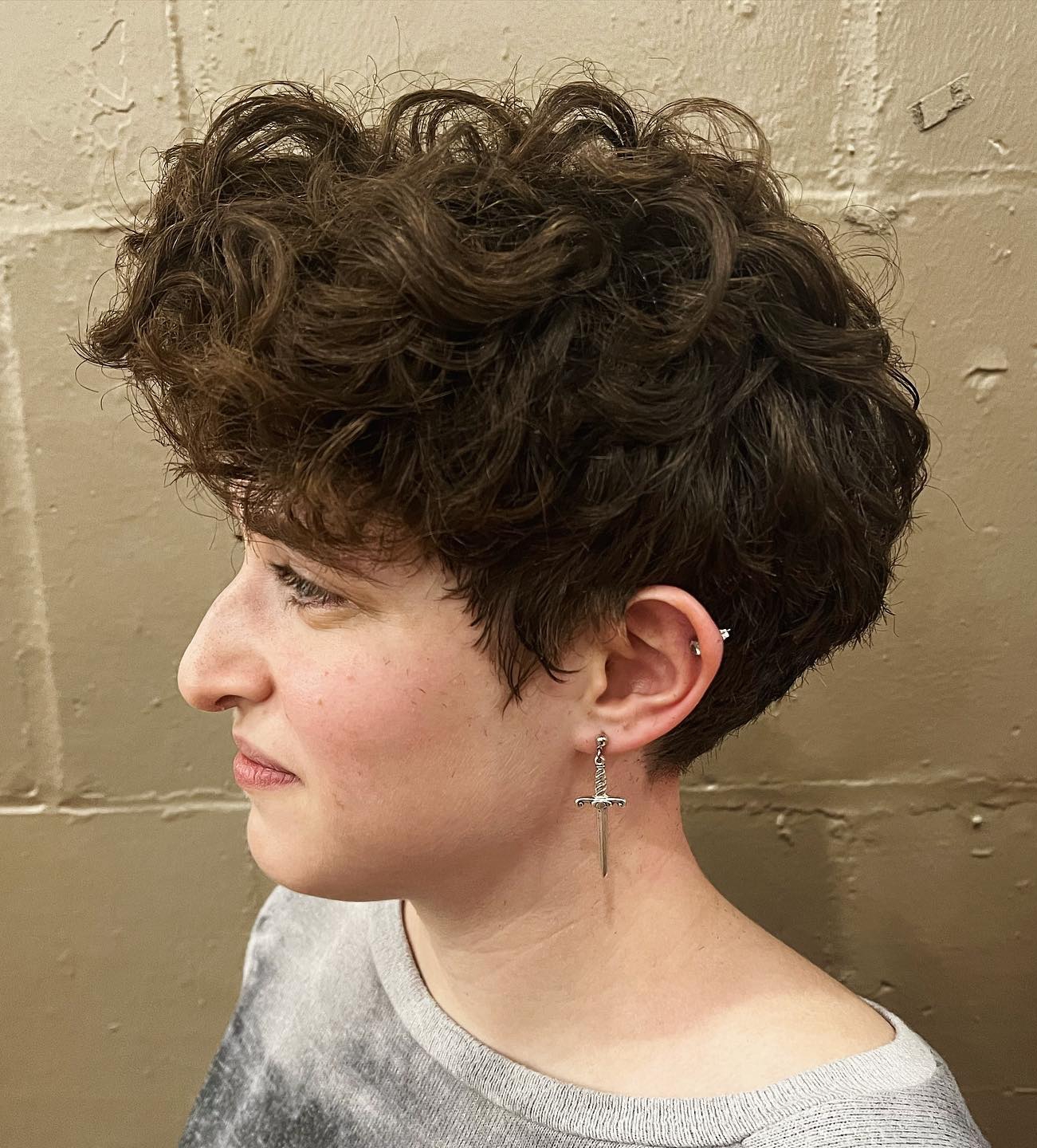 Messy Curly Pixie on Dark Brown Hair