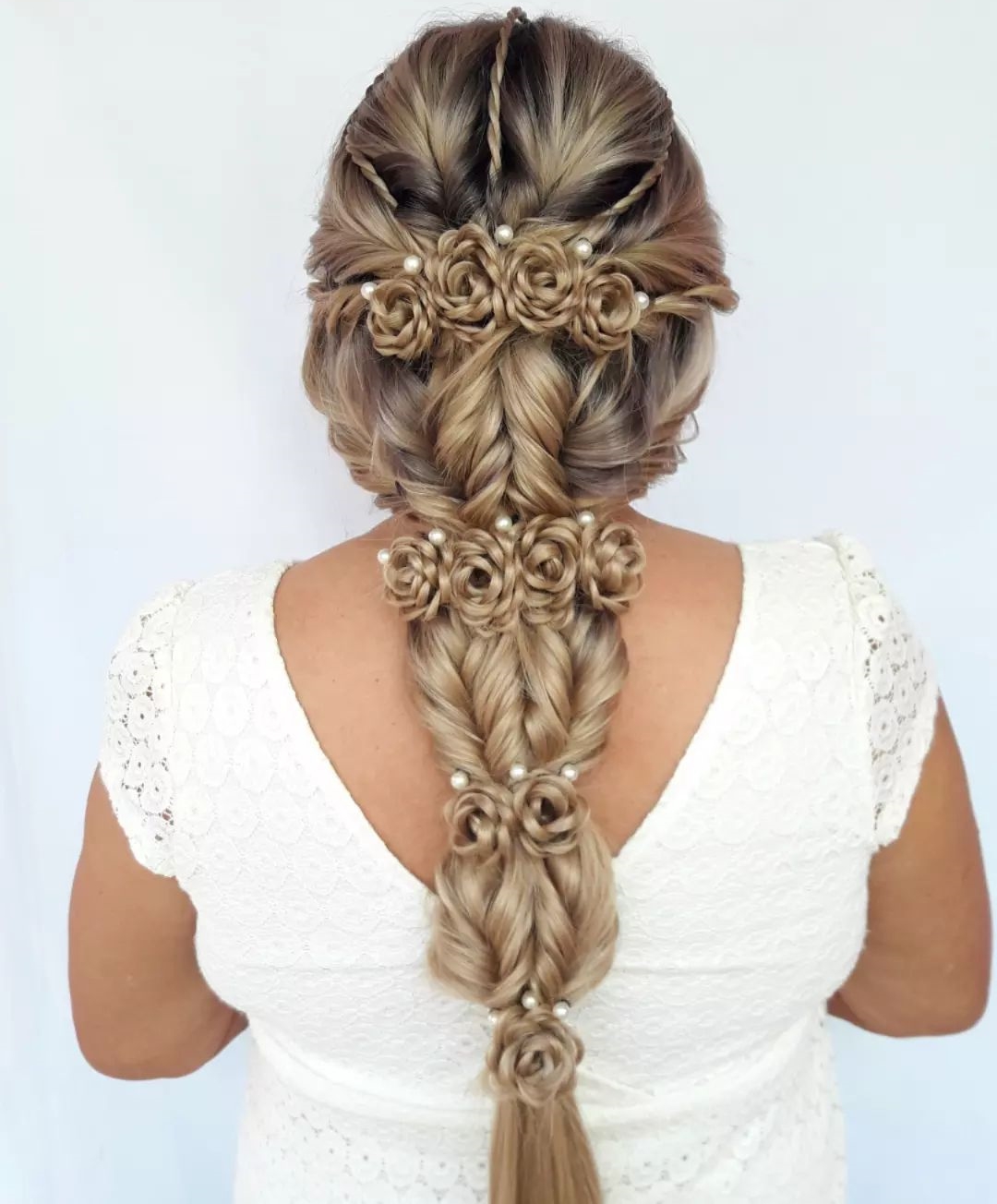 Dark Blonde Braided Wedding Hairstyle with Pearl Pins