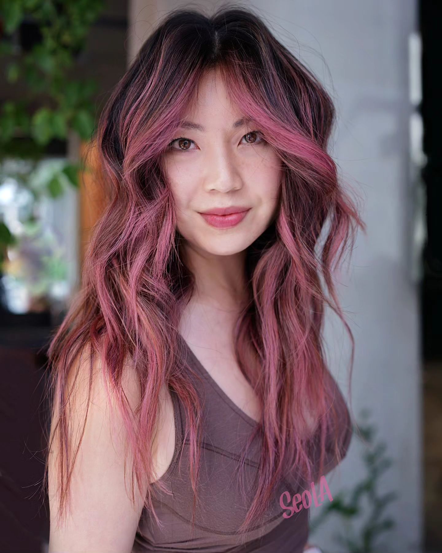 Long Dark Hair with Dark Rose Highlights