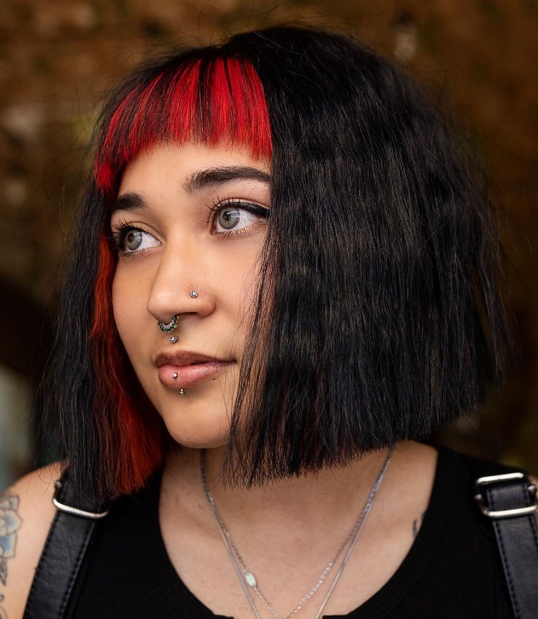 Red Bang on Black Short Bob Cut