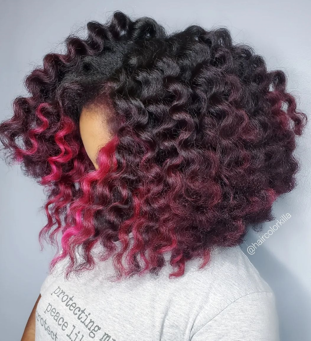 Burgundy Money Piece Highlights on Short Curly Bob Cut