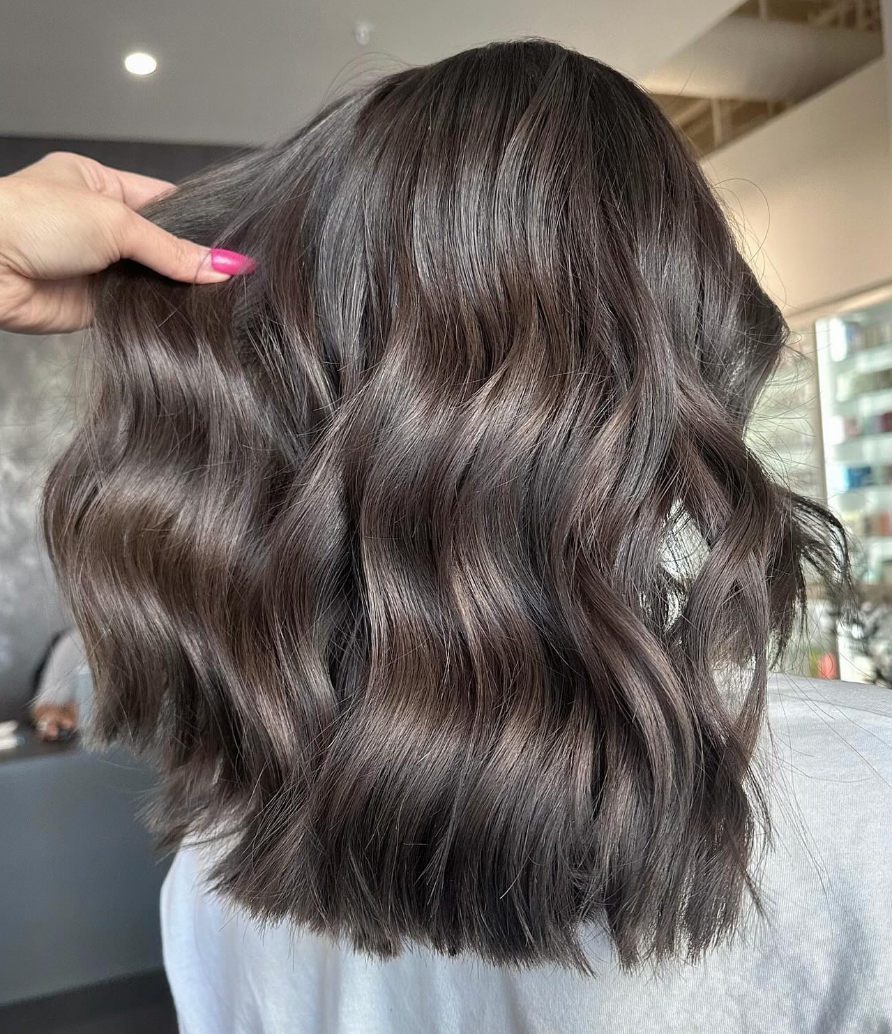 Mushroom Brown Hair Color on Lob Cut