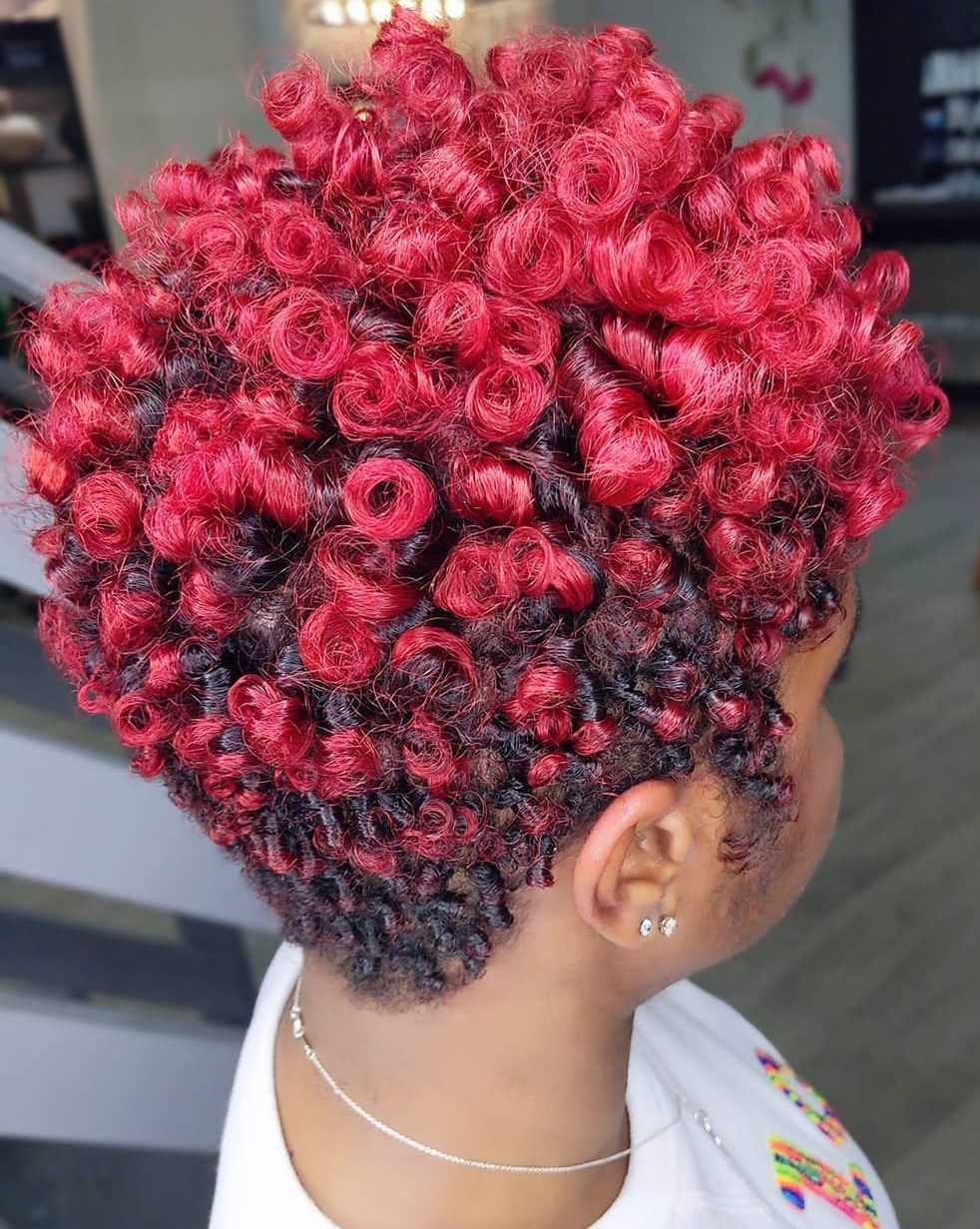 Red Curly Pixie Cut with Black Roots