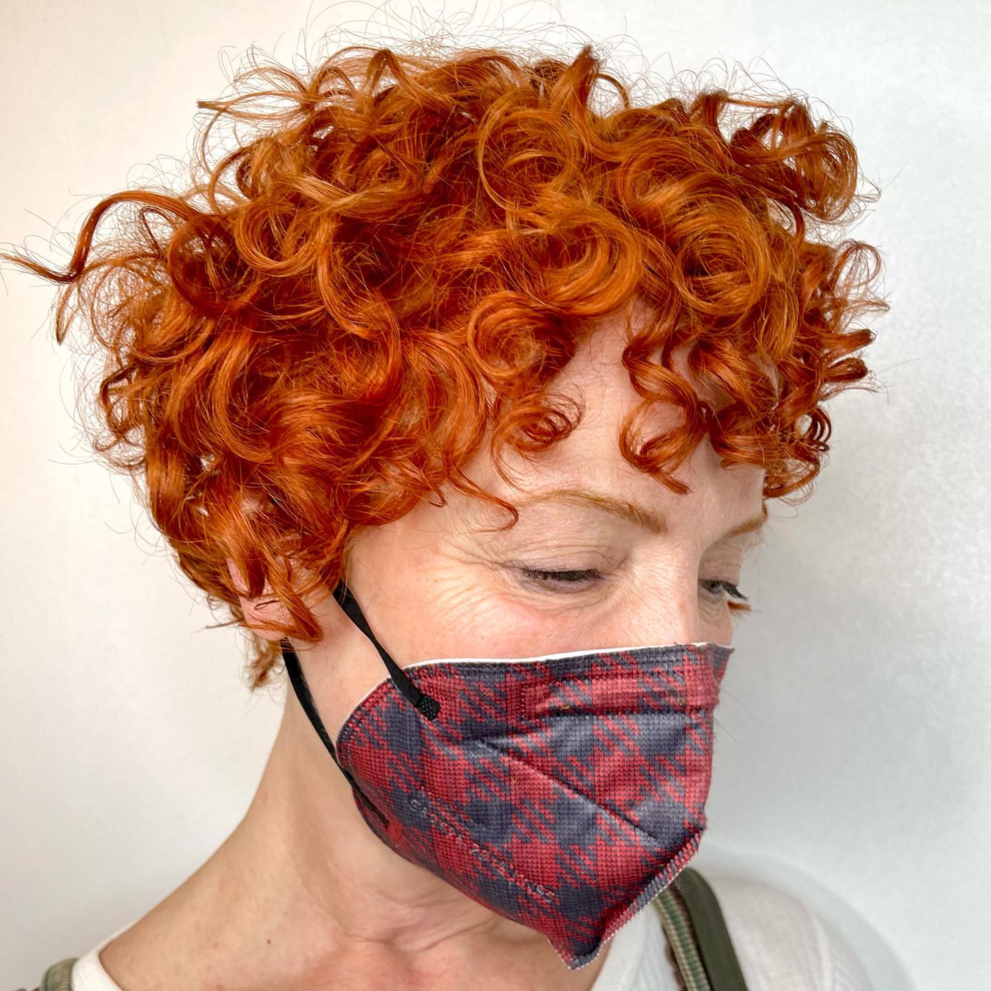 Bright Red Pixie Cut on Curly Hair