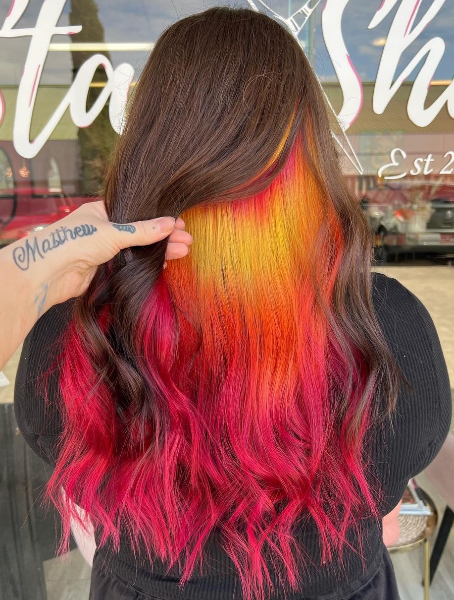 Half Yellow Half Magenta Highlights on Long Brown Hair