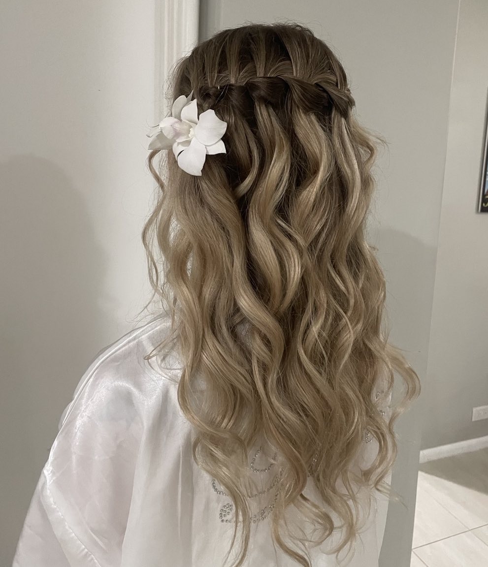 Long Dark Blonde Waterfall Braid with Side Flower Decor