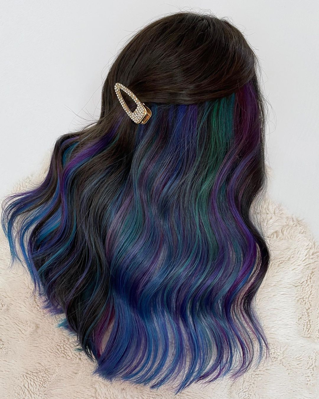 Peacock Peekaboo Highlights on Long Straight Hair