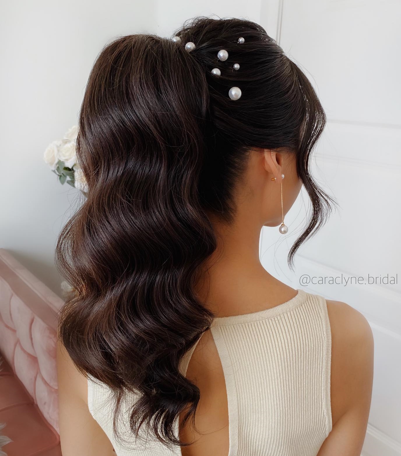 Wedding Ponytail Hairstyle on Black Hair with Pearls