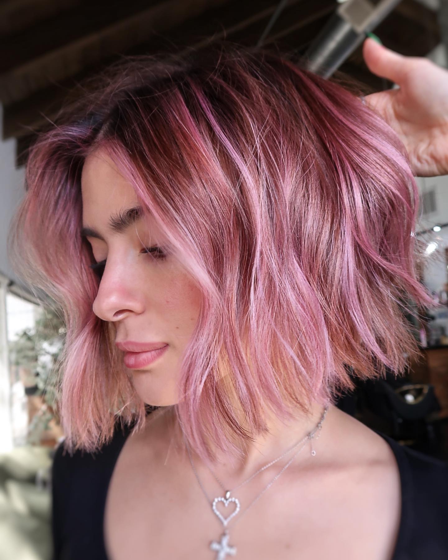 Metallic Rose Hues on Bob Cut