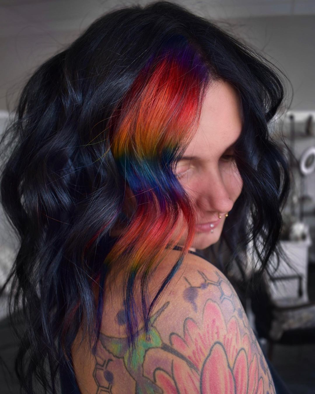 Rainbow Money Piece On Wavy Black Hair