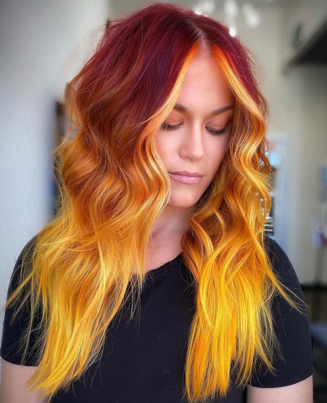 Fiery Yellow Money Piece Highlight on Red Hair