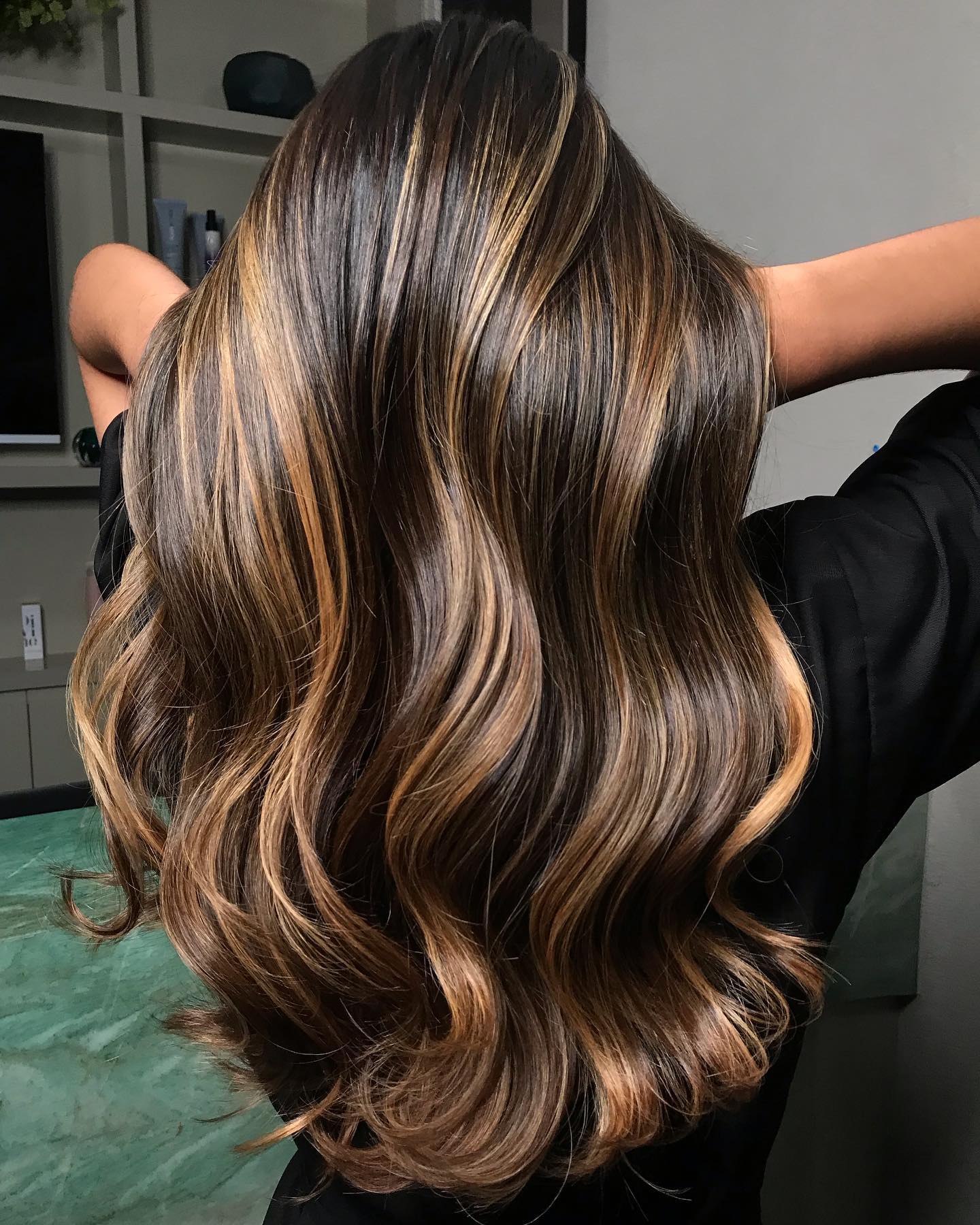 Highlights and Lowlights on Long Wavy Dark Hair