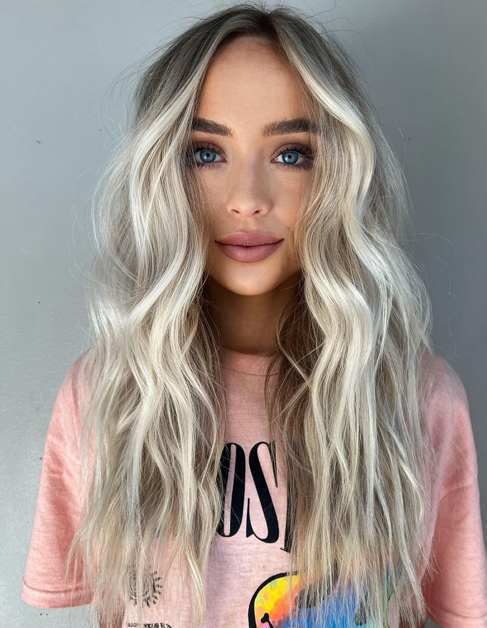 Platinum Blonde Highlights on Long Wavy Hair