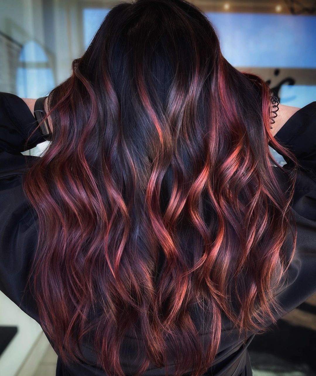 Red Balayage on Long Black Hair