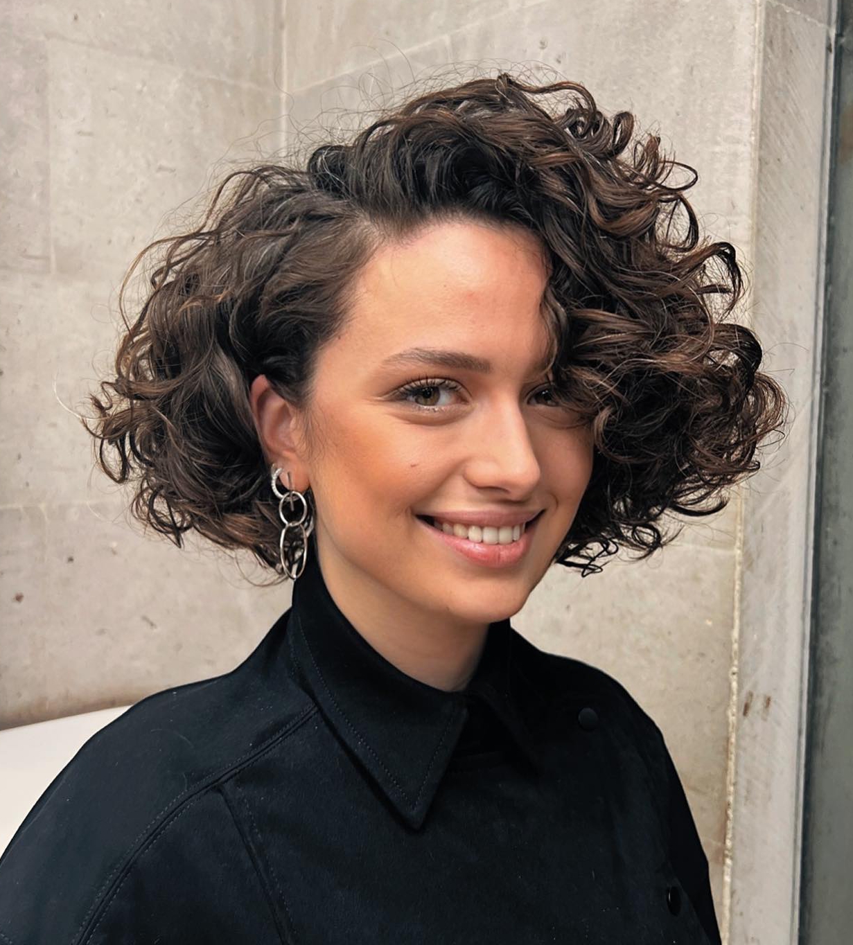 Short Curly Bob Cut on Dark Brown Hair