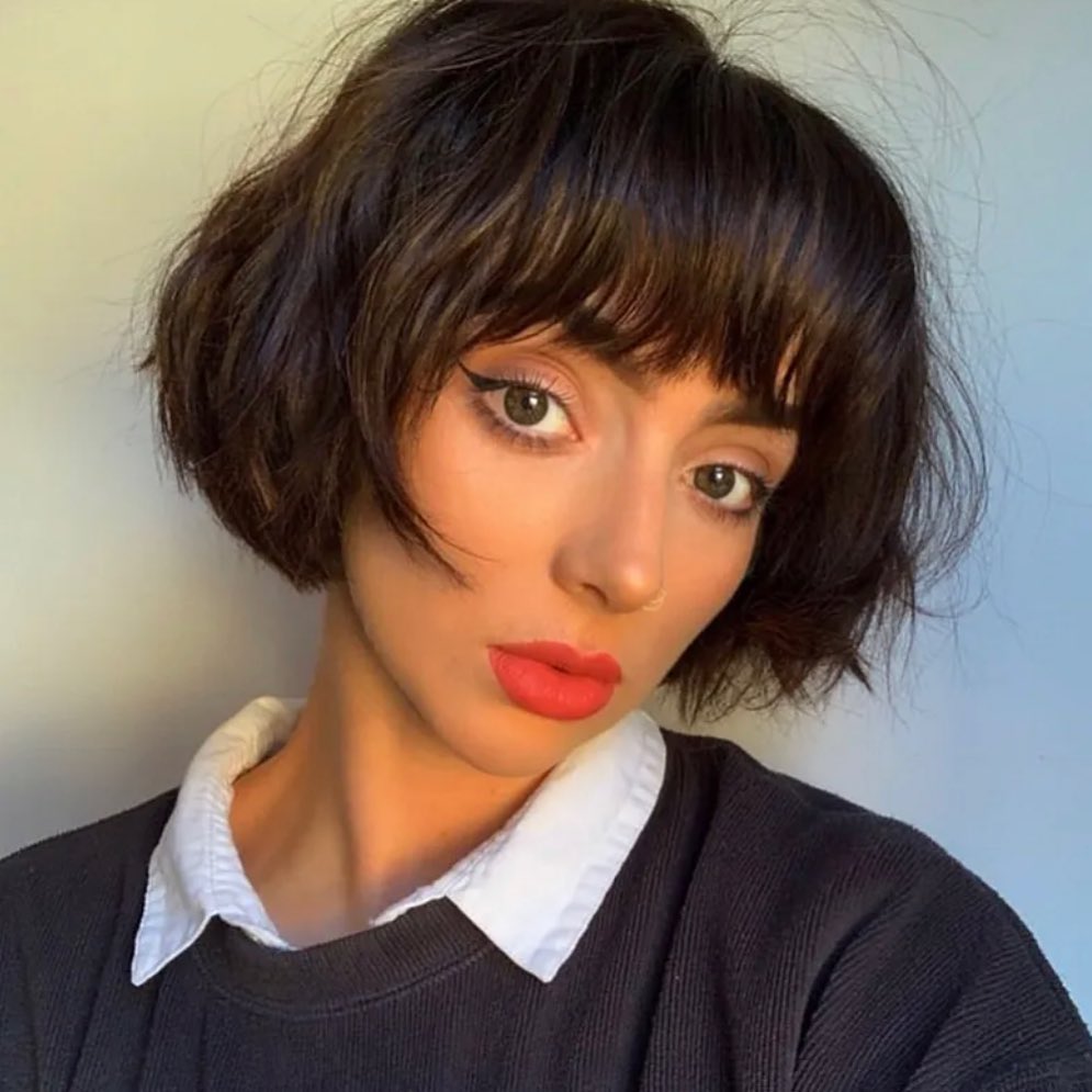 Chin Length French Bob Cut on Dark Hair with Bang