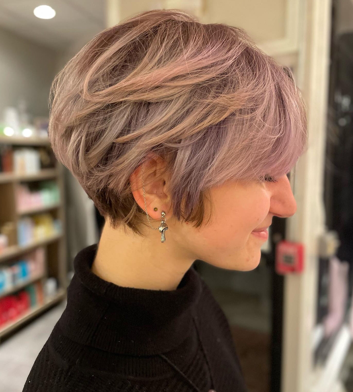 Layered Bixie Haircut with Strawberry Highlights