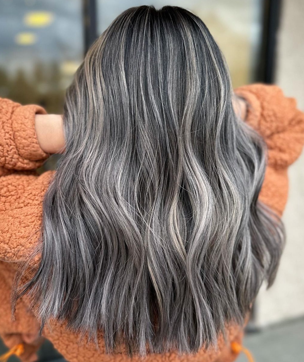 Long Straight Dark Hair with Ash Silver Highlights