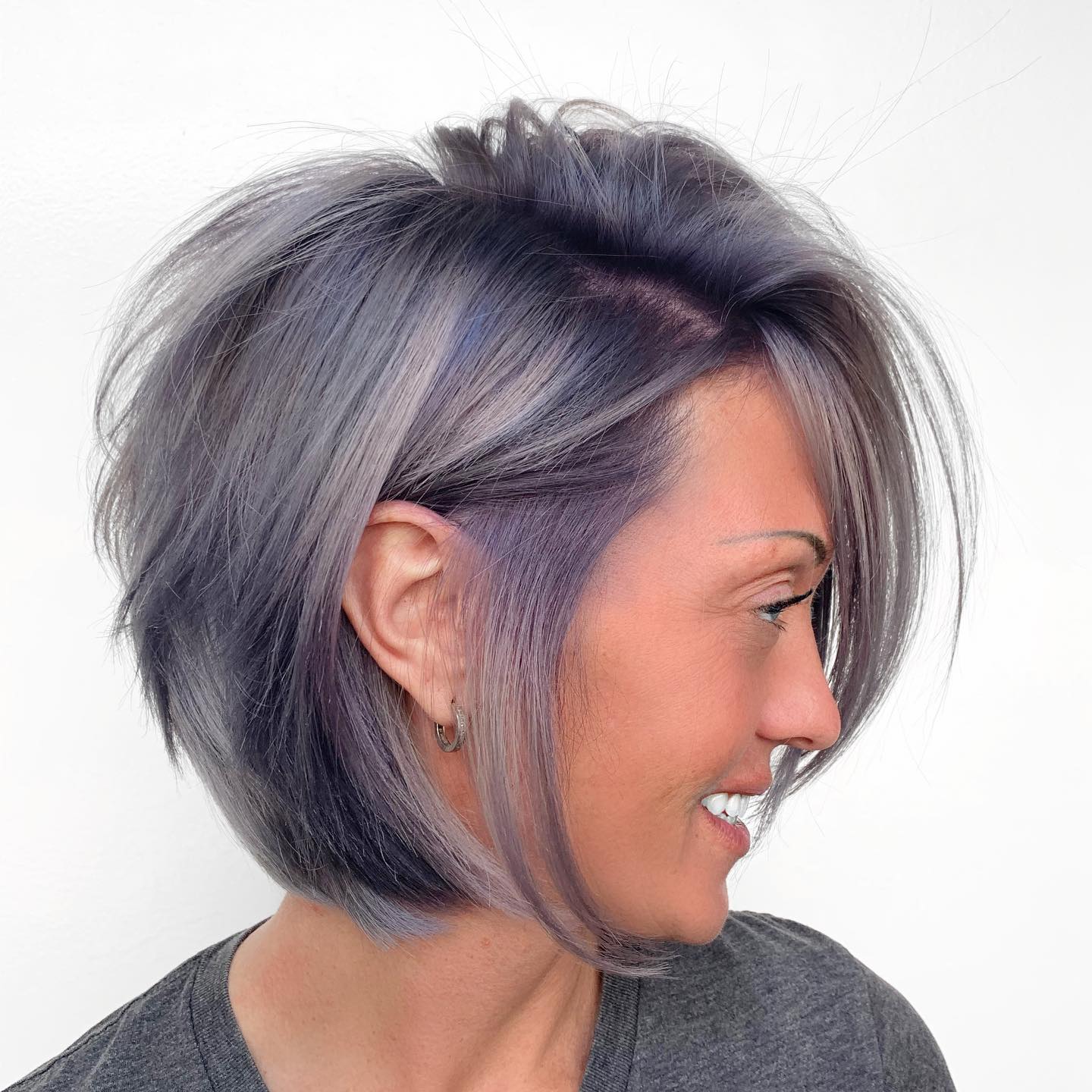 Silver and Purple Highlights on Short Bob Cut