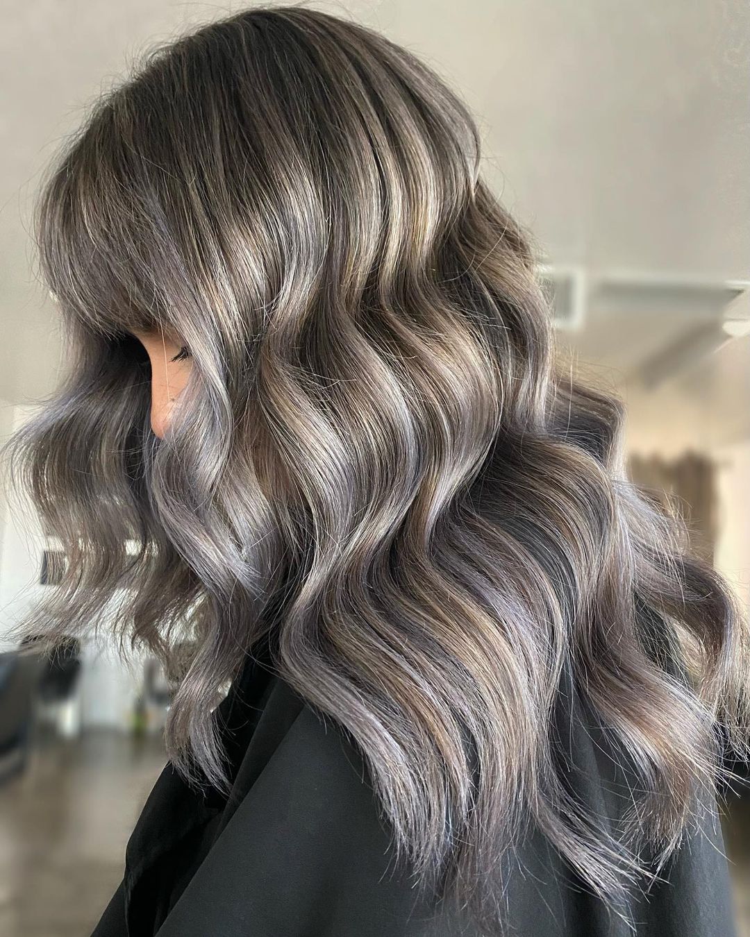 Silver Highlights on Long Wavy Brown Hair