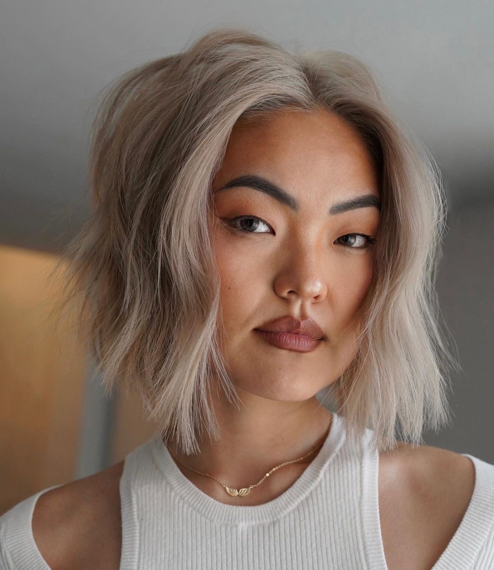 Soft Beige Silver Hair on Short Bob Cut